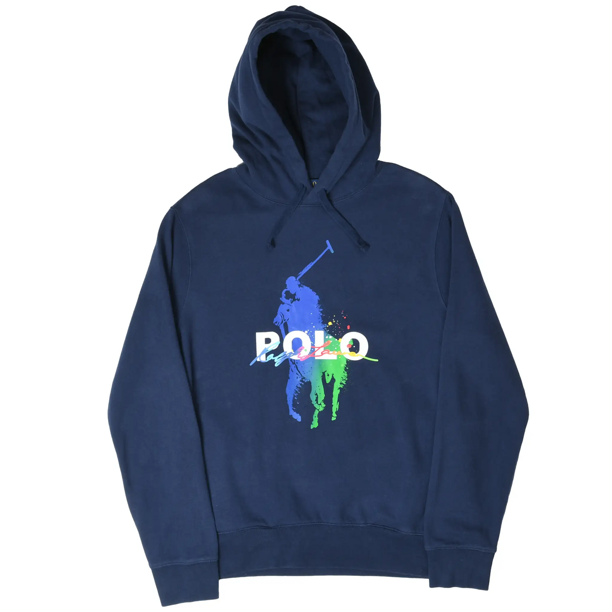Full front view of navy Polo Ralph Lauren pullover hoodie with paint-splash pony print