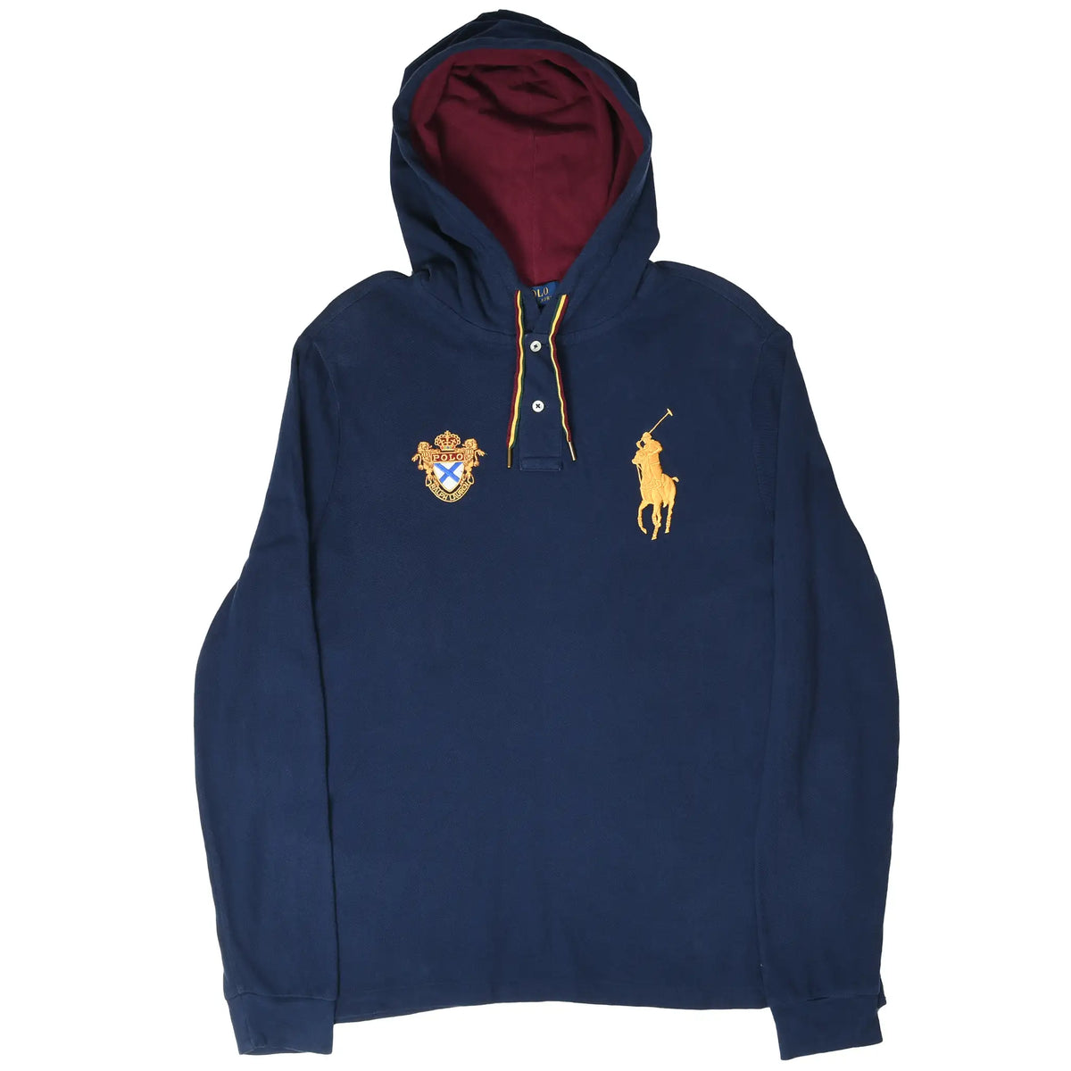 Full front view of navy Polo Ralph Lauren hoodie with button placket, crest and gold Big Pony embroidery