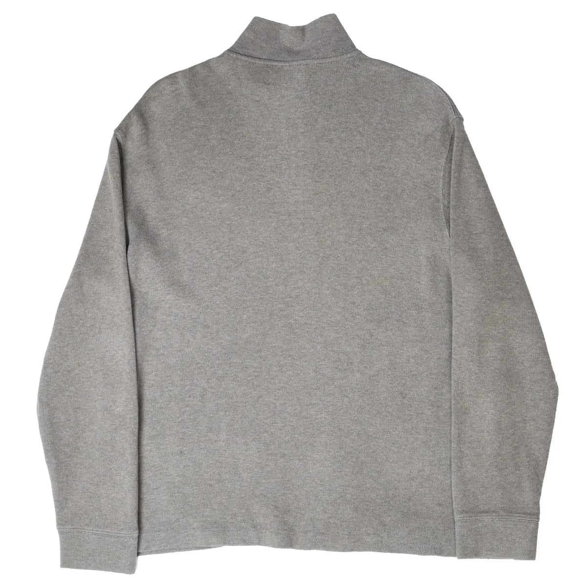 Back view of grey Polo Ralph Lauren quarter-zip sweater with stand collar