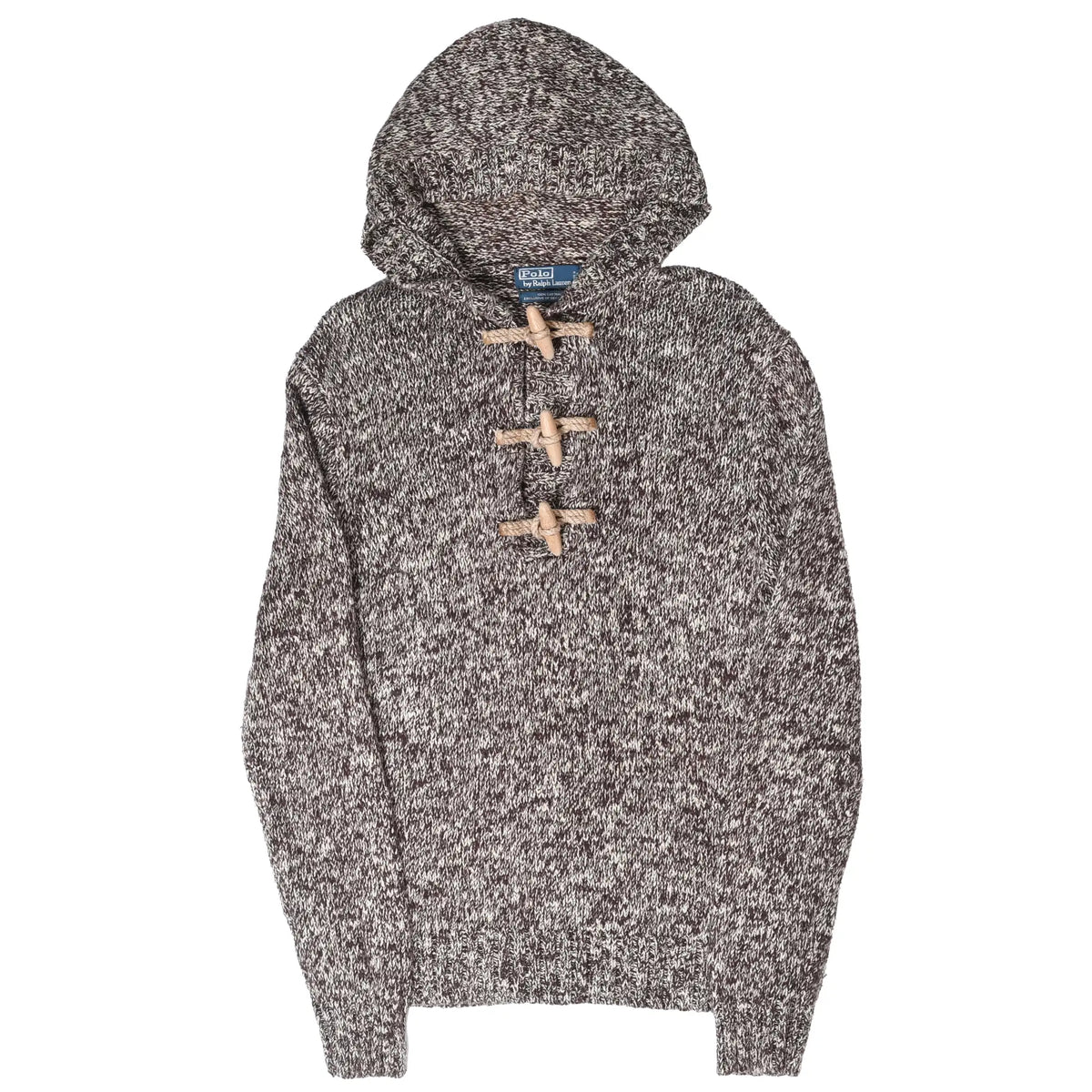 Full front view of Polo Ralph Lauren brown and beige marled knit toggle hoodie sweater