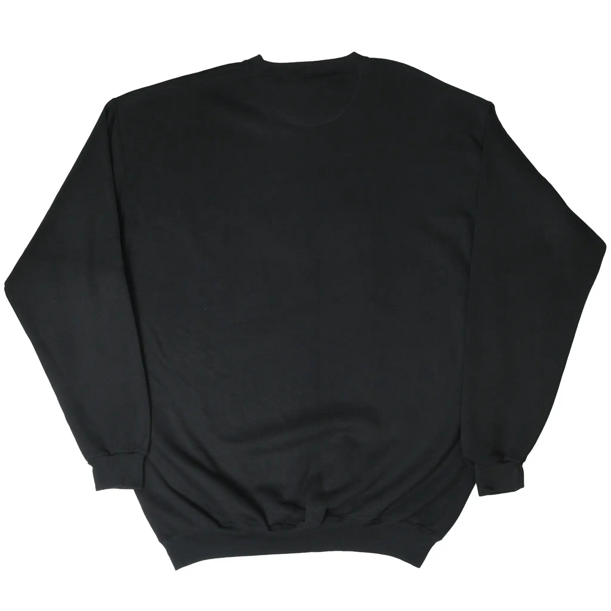 Plain back of black crewneck sweatshirt with ribbed cuffs and hem