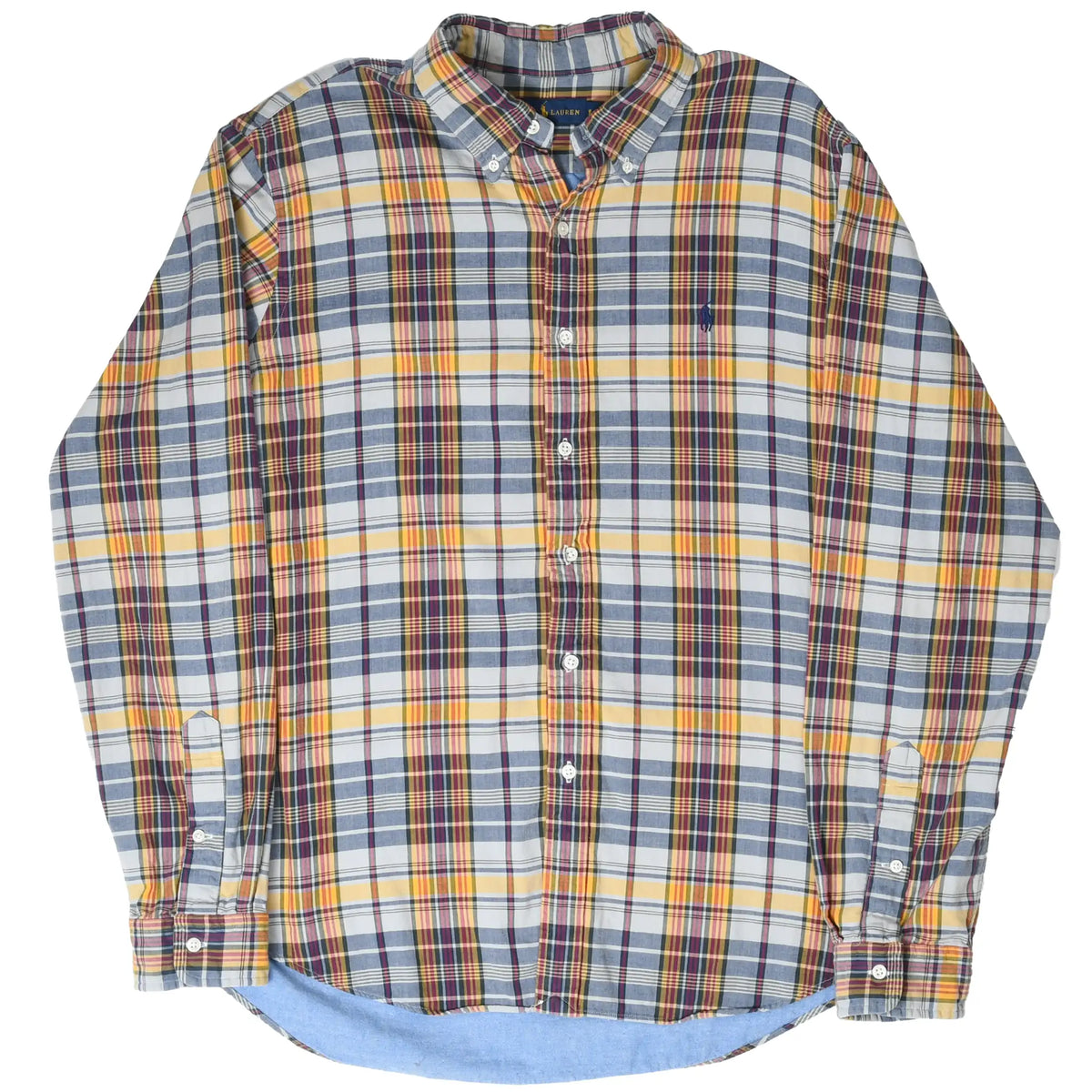 Front view of Ralph Lauren plaid shirt with button-down collar and long sleeves