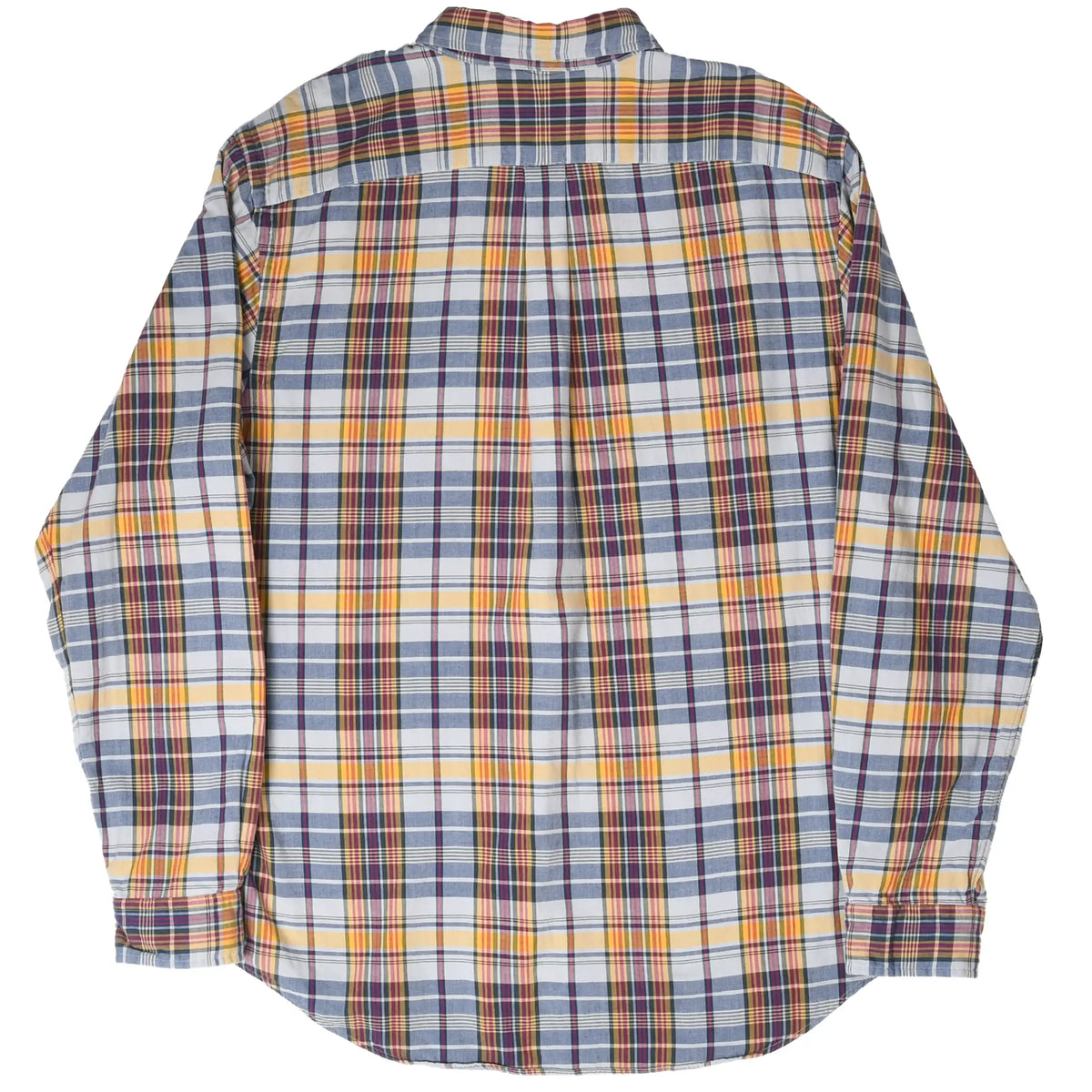 Back of Ralph Lauren long-sleeve shirt in blue, yellow, red, and white plaid