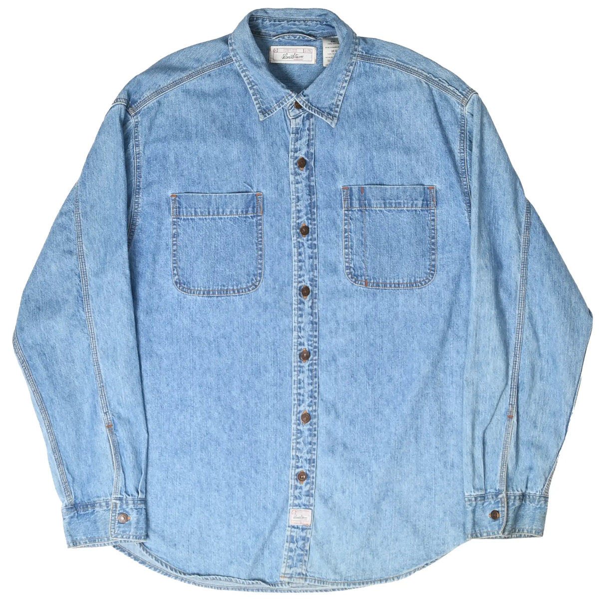 Front of blue Levi Strauss Signature denim shirt with pointed collar and chest pockets