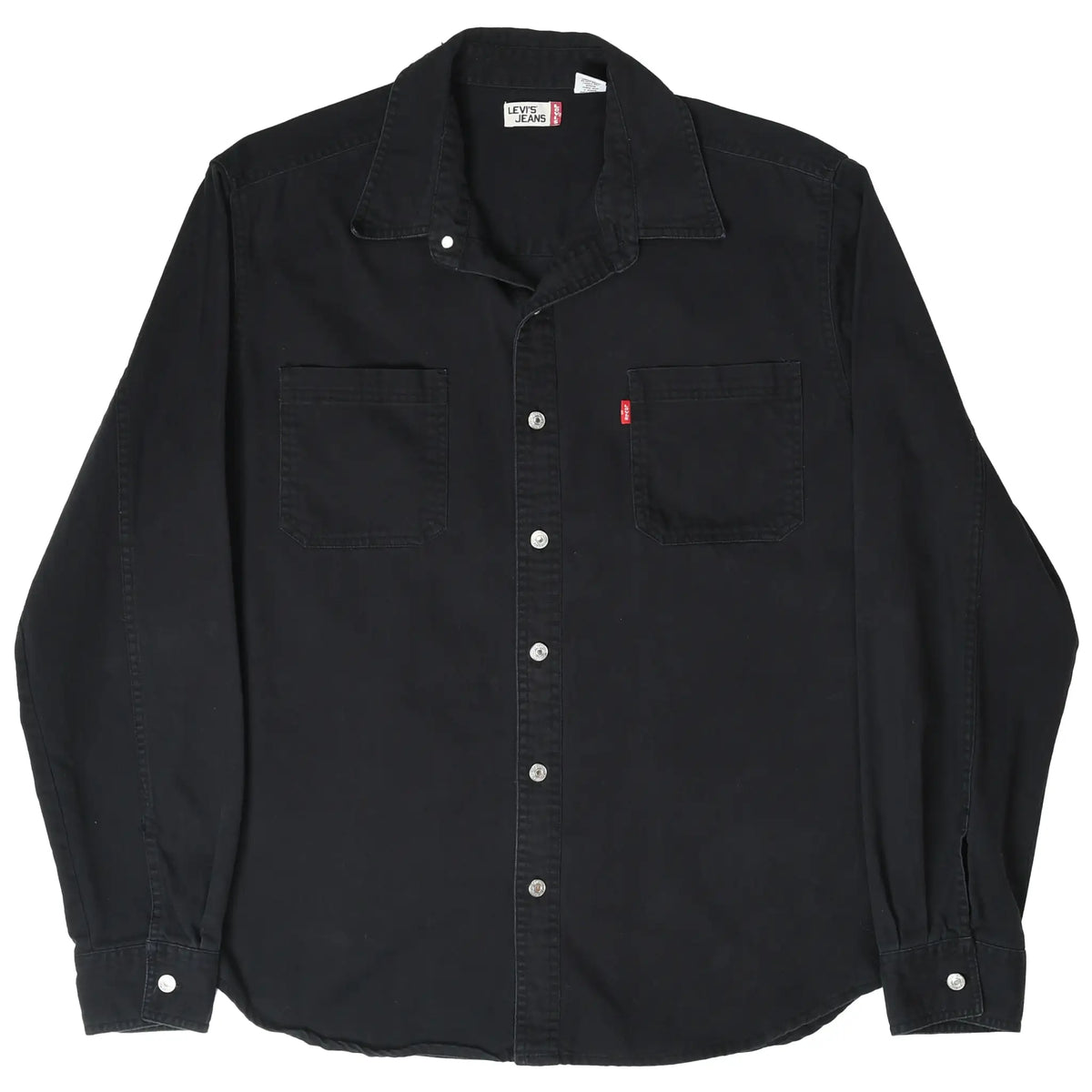 Front of black Levi's Jeans denim shirt with silver snaps, two chest pockets, and red tab