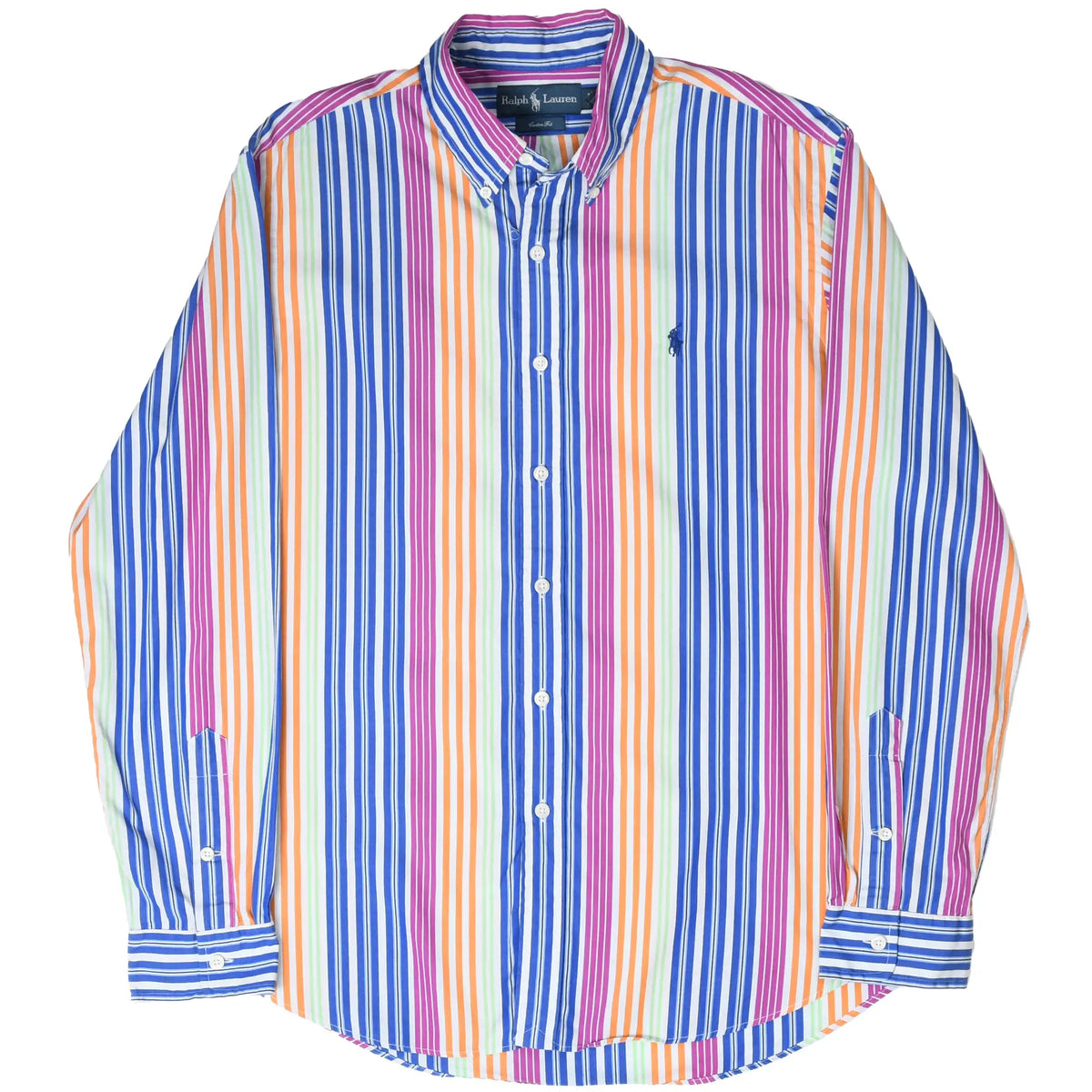 Front of striped Ralph Lauren button-down shirt with long sleeves and embroidered pony logo