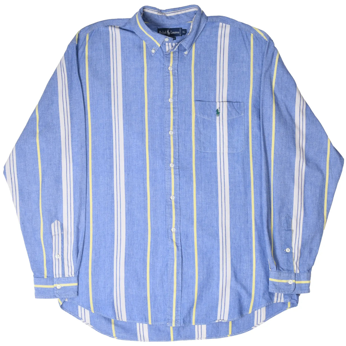 Full front of Polo Ralph Lauren striped blue button-down shirt with long sleeves