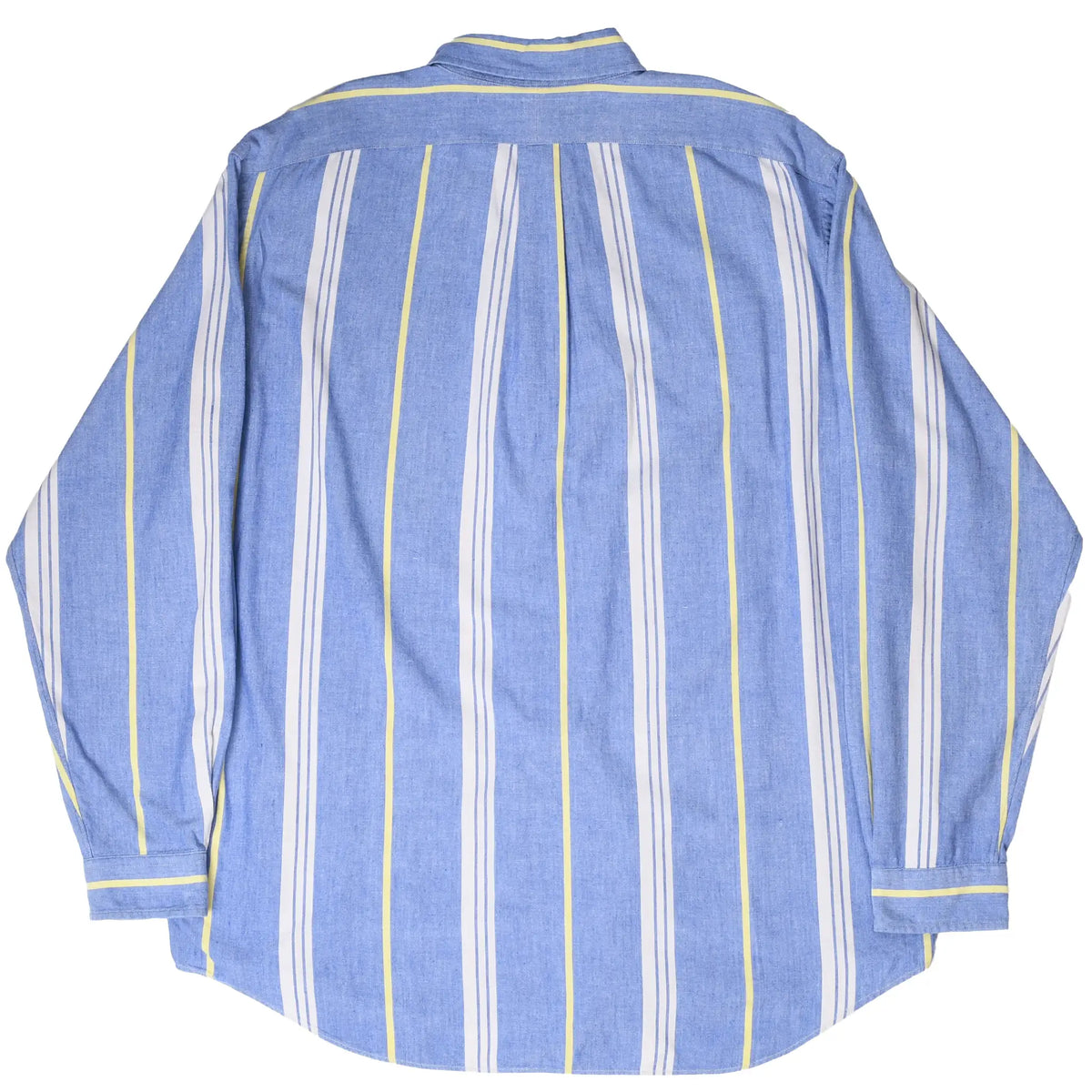Back of Polo Ralph Lauren blue shirt with white and yellow vertical stripes