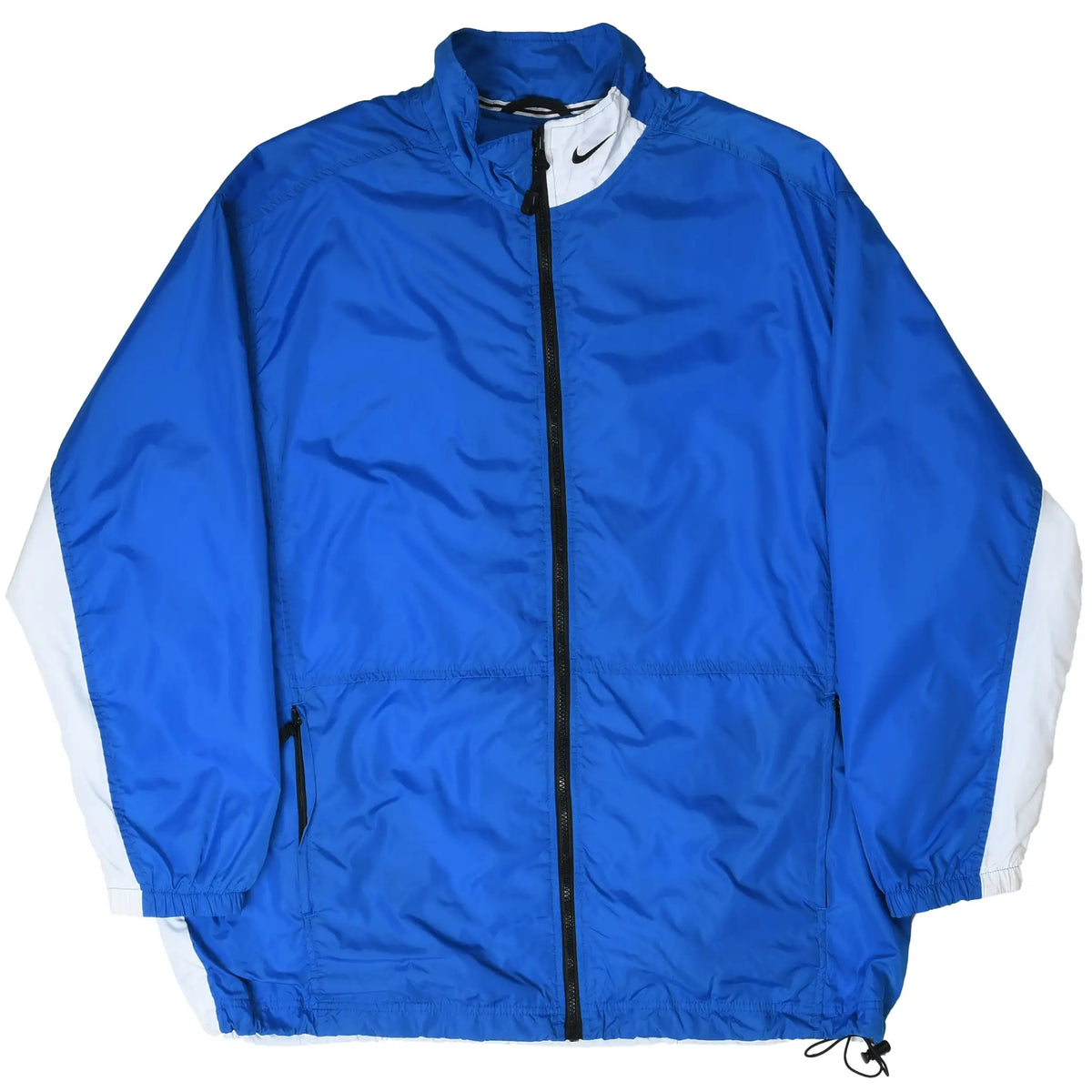 Front of blue and white Nike windbreaker jacket with zip pockets and drawcord hem