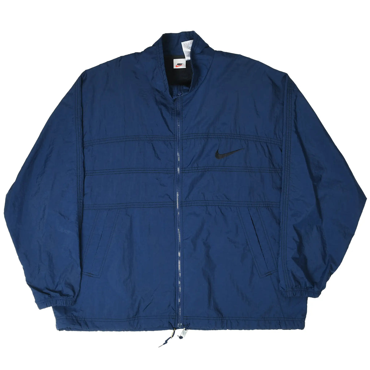 Full front view of navy blue Nike windbreaker with black Swoosh, zip closure, and pockets