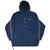 Front view of navy Nike hooded windbreaker with snap placket, pockets, and striped sleeves
