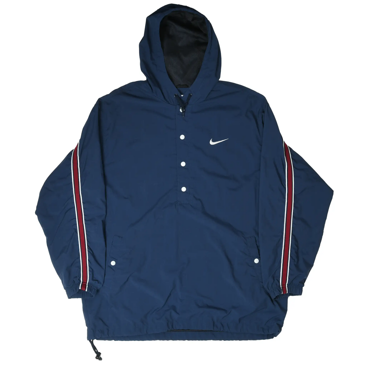 Front view of navy Nike hooded windbreaker with snap placket, pockets, and striped sleeves
