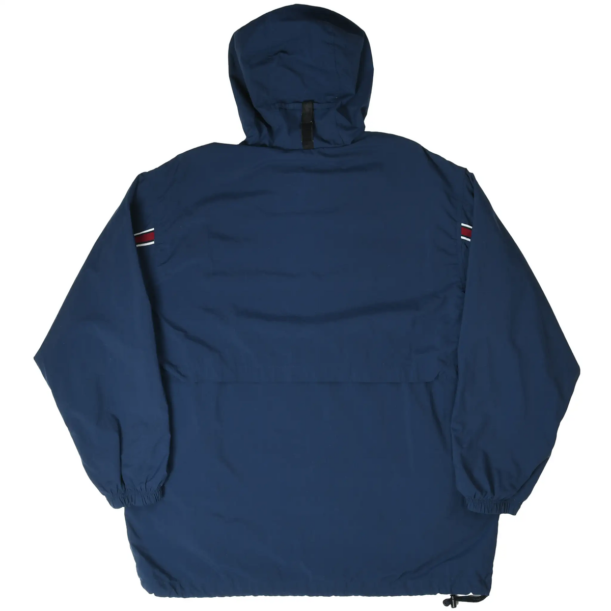 Back of navy Nike hooded pullover windbreaker with elastic cuffs and adjustable hem