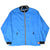 Front view of blue Nike windbreaker jacket with white Swoosh embroidery and full zip