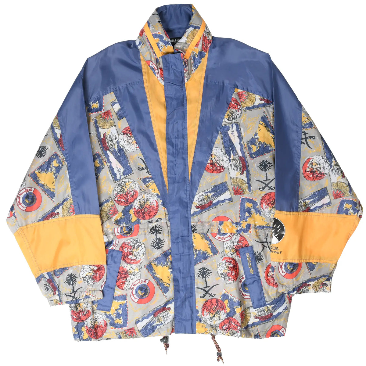 Full front view of Adidas windbreaker with blue and yellow color blocking and map-print panels