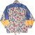 Back of Adidas windbreaker with blue shoulders, yellow sleeve bands and multicolor map print