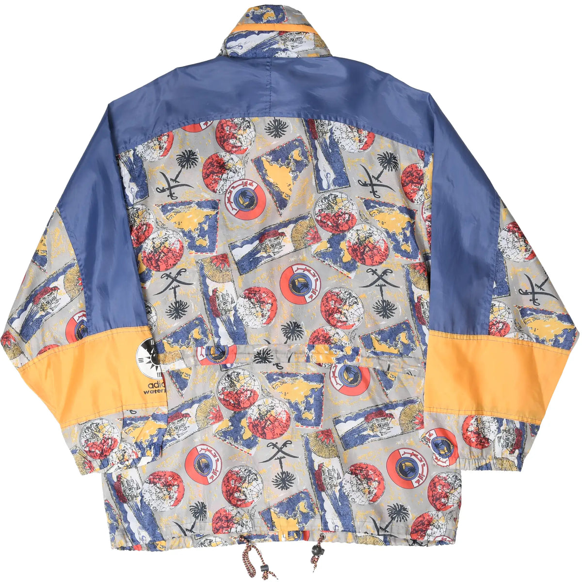 Back of Adidas windbreaker with blue shoulders, yellow sleeve bands and multicolor map print