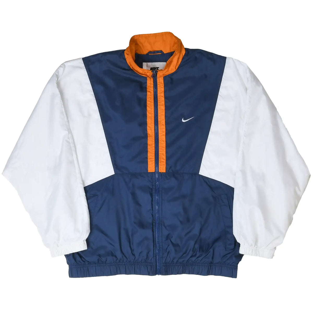 Full front view of Nike zip-up windbreaker with white sleeves, navy body, and orange trim
