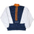 Back of Nike windbreaker jacket in navy blue, white, and orange with embroidered NIKE logo