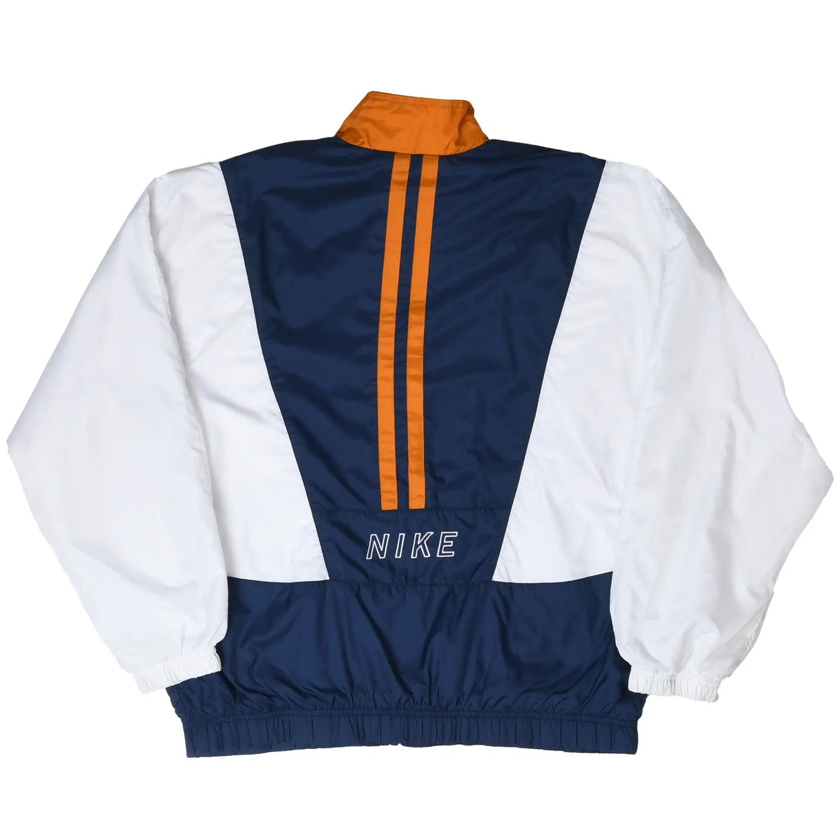 Back of Nike windbreaker jacket in navy blue, white, and orange with embroidered NIKE logo