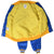 Open Warriors jacket showing yellow quilted lining, interior labels and blue snap placket