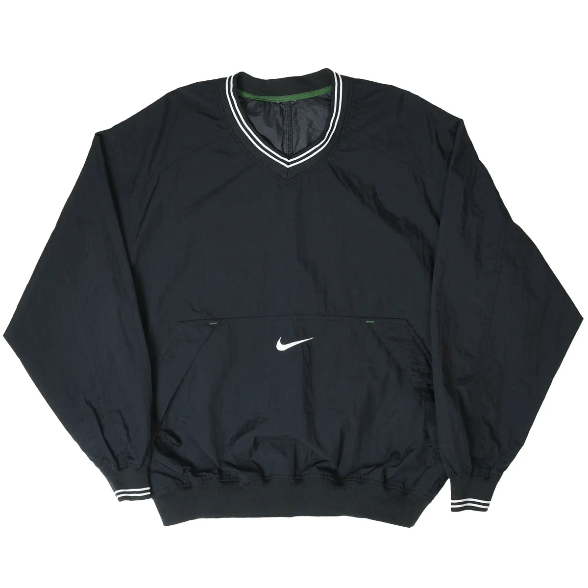 Full front of black Nike pullover windbreaker with center Swoosh and kangaroo pocket