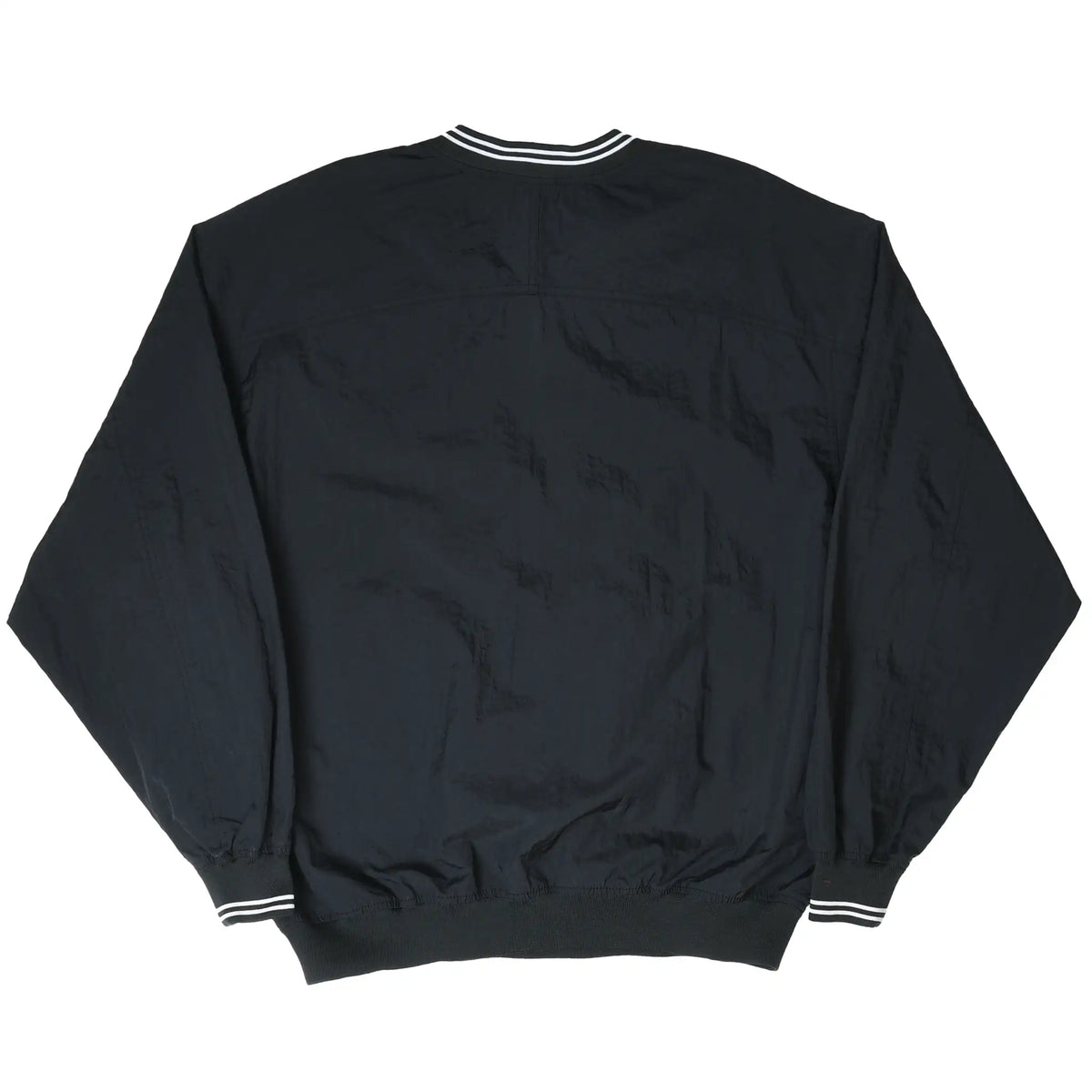 Back of black Nike pullover windbreaker with white striped collar and cuffs