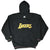 Back of black Starter hooded jacket with large gold and purple Lakers logo
