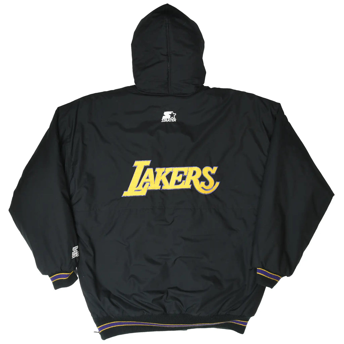 Back of black Starter hooded jacket with large gold and purple Lakers logo