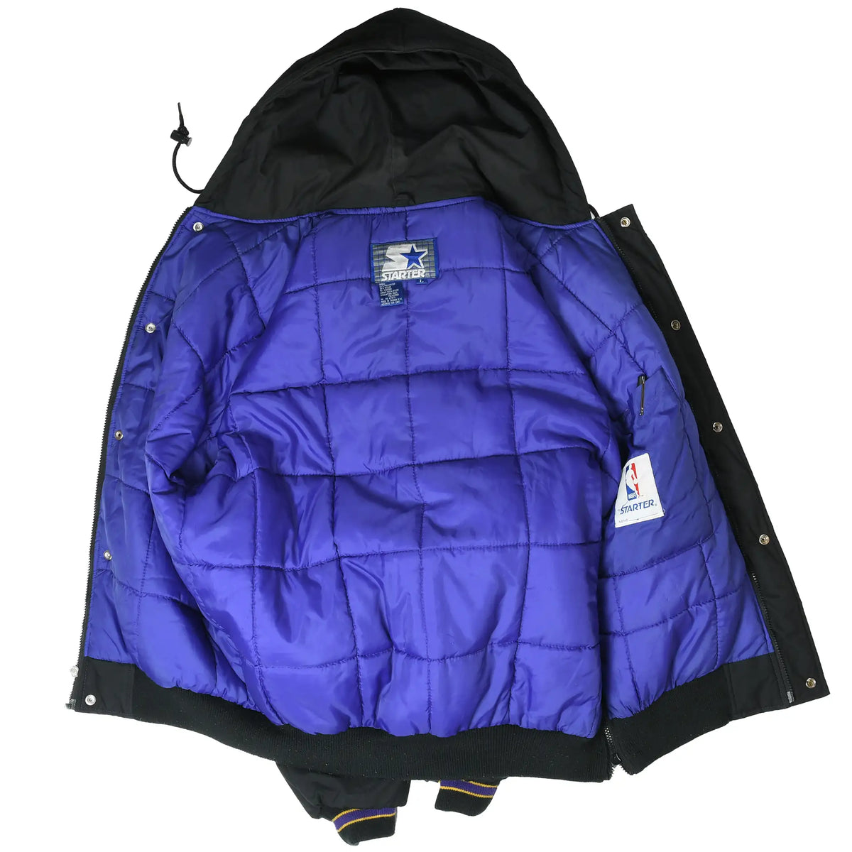 Open black Lakers jacket showing purple quilted lining and interior Starter and NBA labels