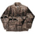 Full front view of brown zip fleece jacket with deer, elk and evergreen forest print