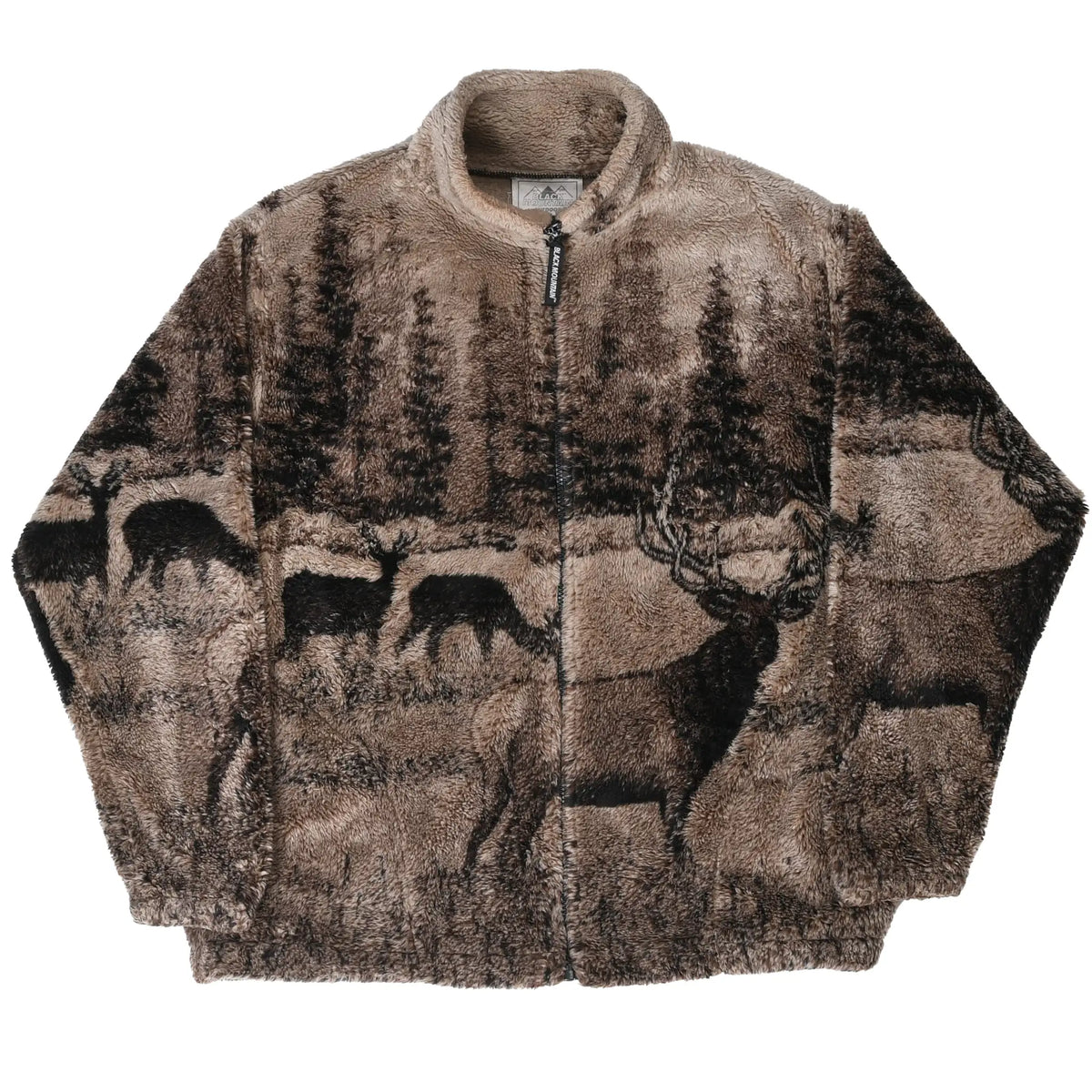 Full front view of brown zip fleece jacket with deer, elk and evergreen forest print