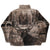 Back of brown fleece jacket with large antlered elk and evergreen forest print