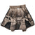 Inside view of open brown fleece jacket showing elk print and black pocket linings