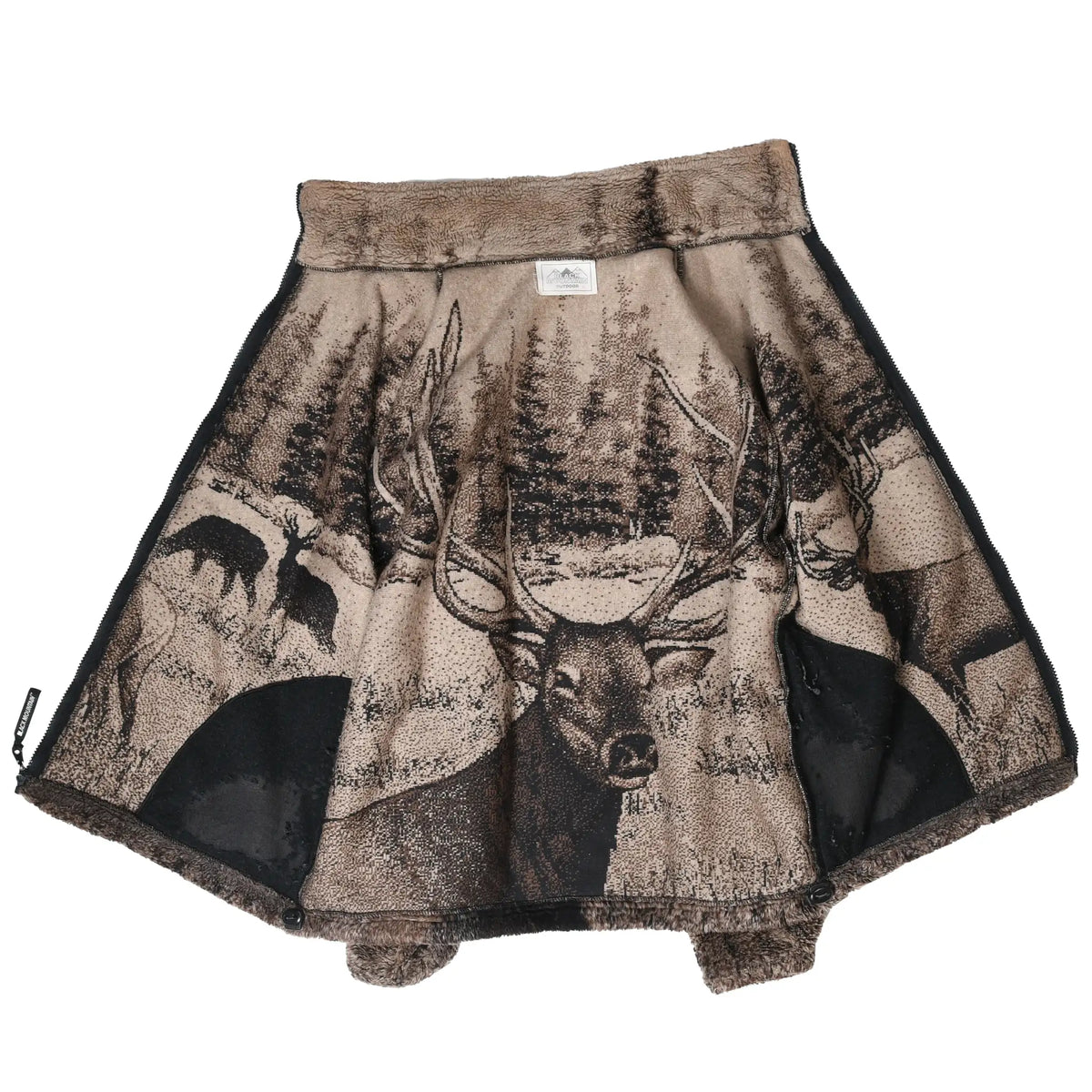 Inside view of open brown fleece jacket showing elk print and black pocket linings