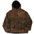 Full front view of brown hooded fleece jacket with black woodland animal and tree print