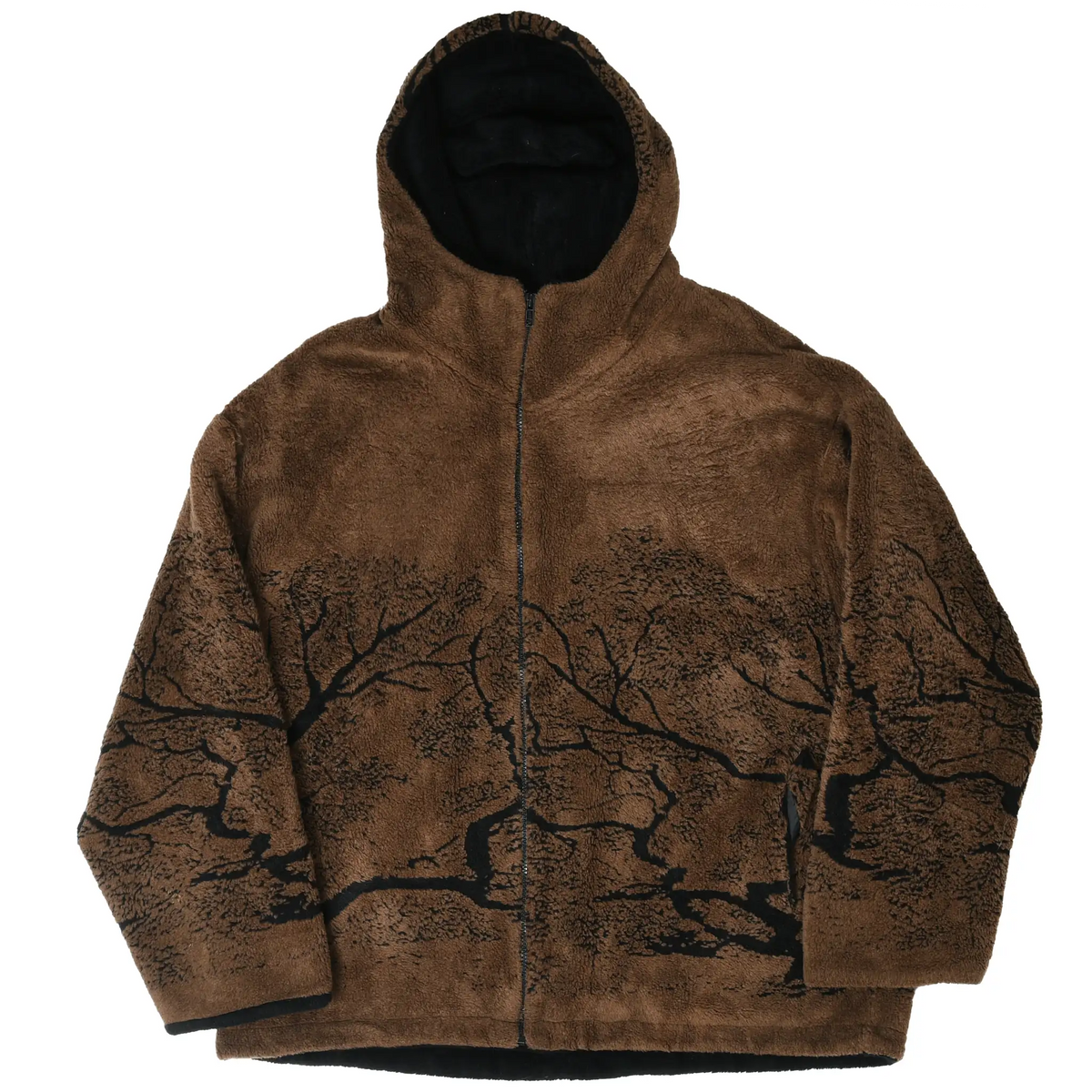 Full front view of brown hooded fleece jacket with black woodland animal and tree print