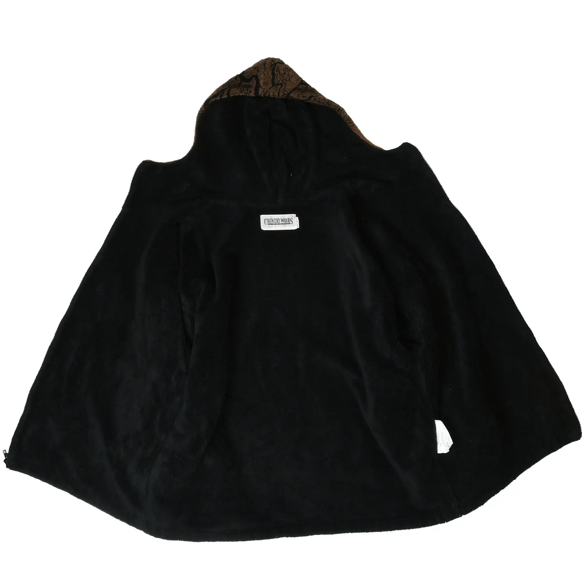 Open jacket showing black fleece interior, hood lining, and Country Woods label