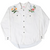 Full front view of white Levi's long-sleeve shirt with floral embroidery, two pockets, and black buttons