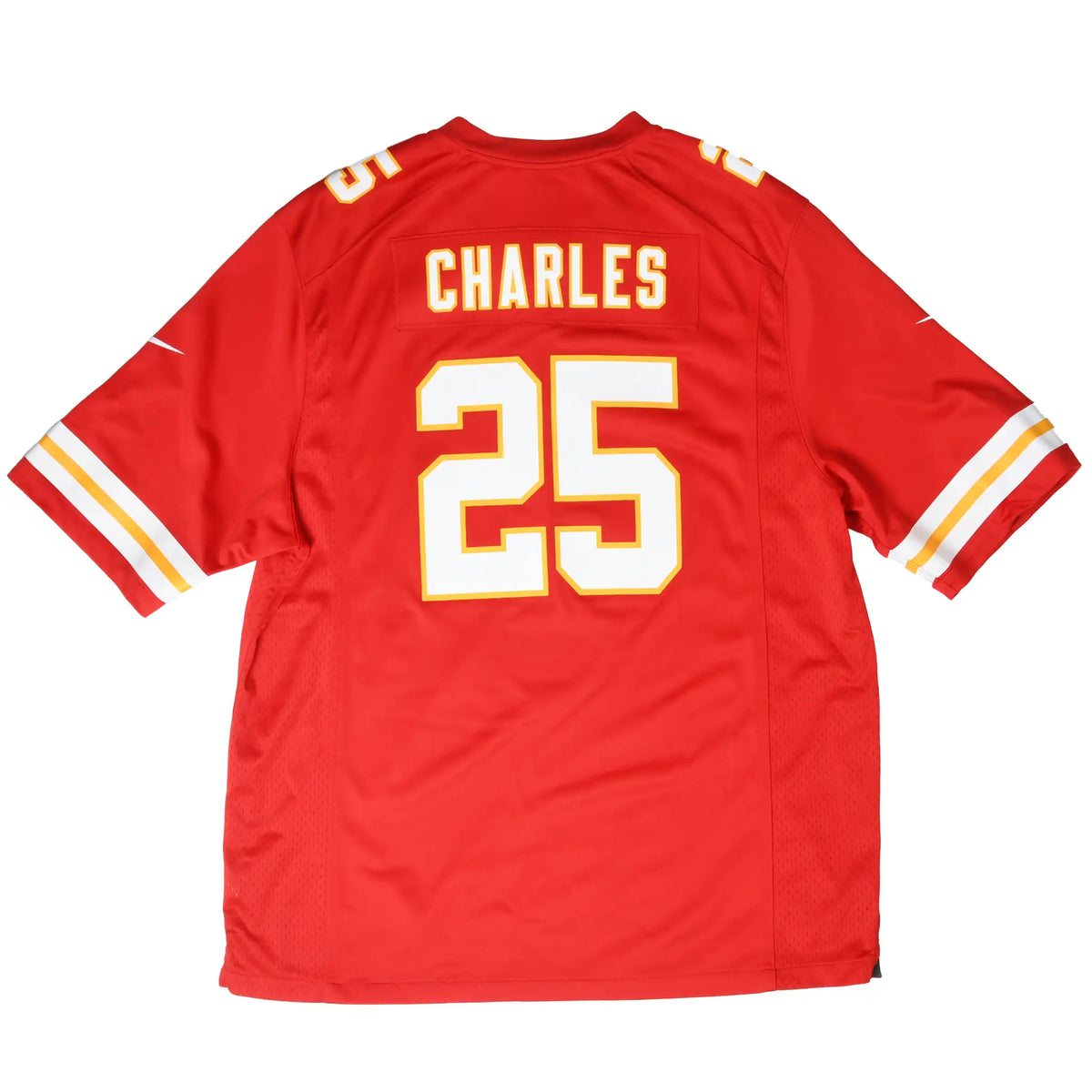 Back of red Nike Kansas City Chiefs jersey with Charles name and number 25