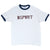 Full front of white Alpha Phi Spirit ringer T-shirt with navy collar and sleeve trim