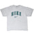 Full front view of grey Nike T-shirt with green spellout and Swoosh graphic