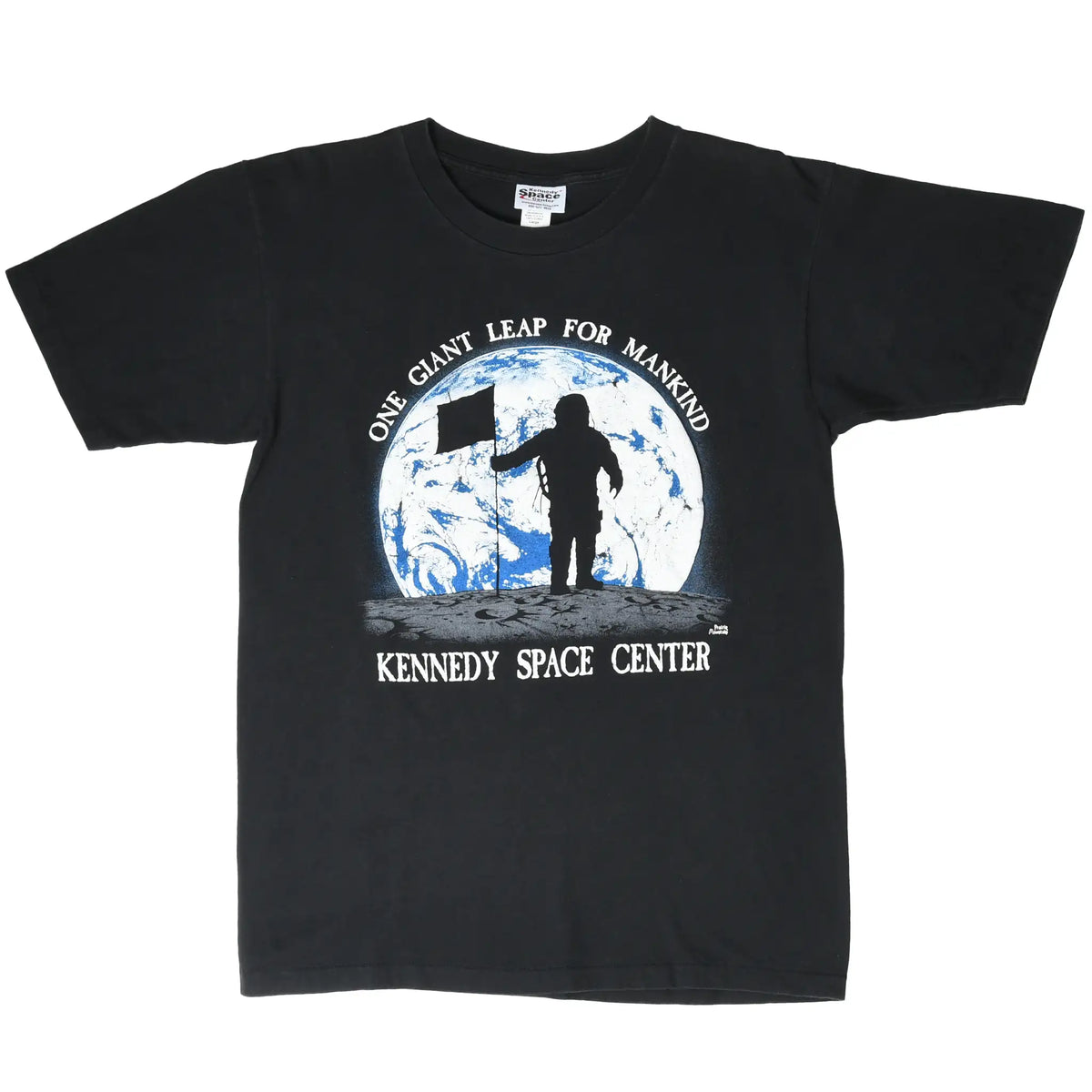 Full front of black Kennedy Space Center T-shirt with One Giant Leap for Mankind graphic