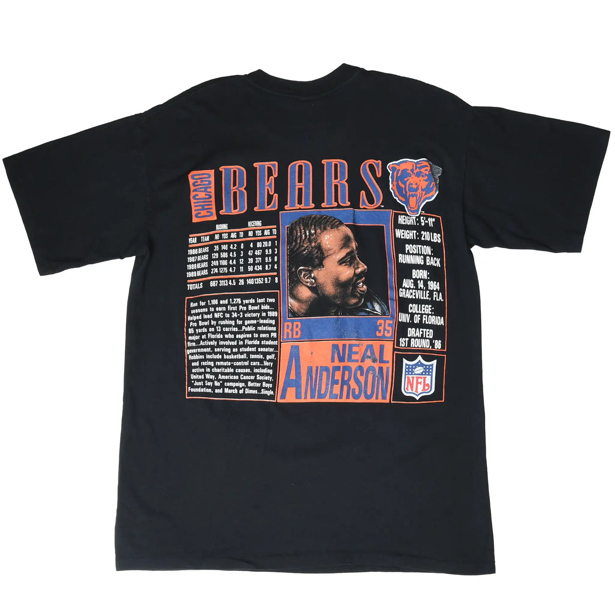 Back of black Chicago Bears T-shirt with Neal Anderson portrait, stats, biography, and NFL logo