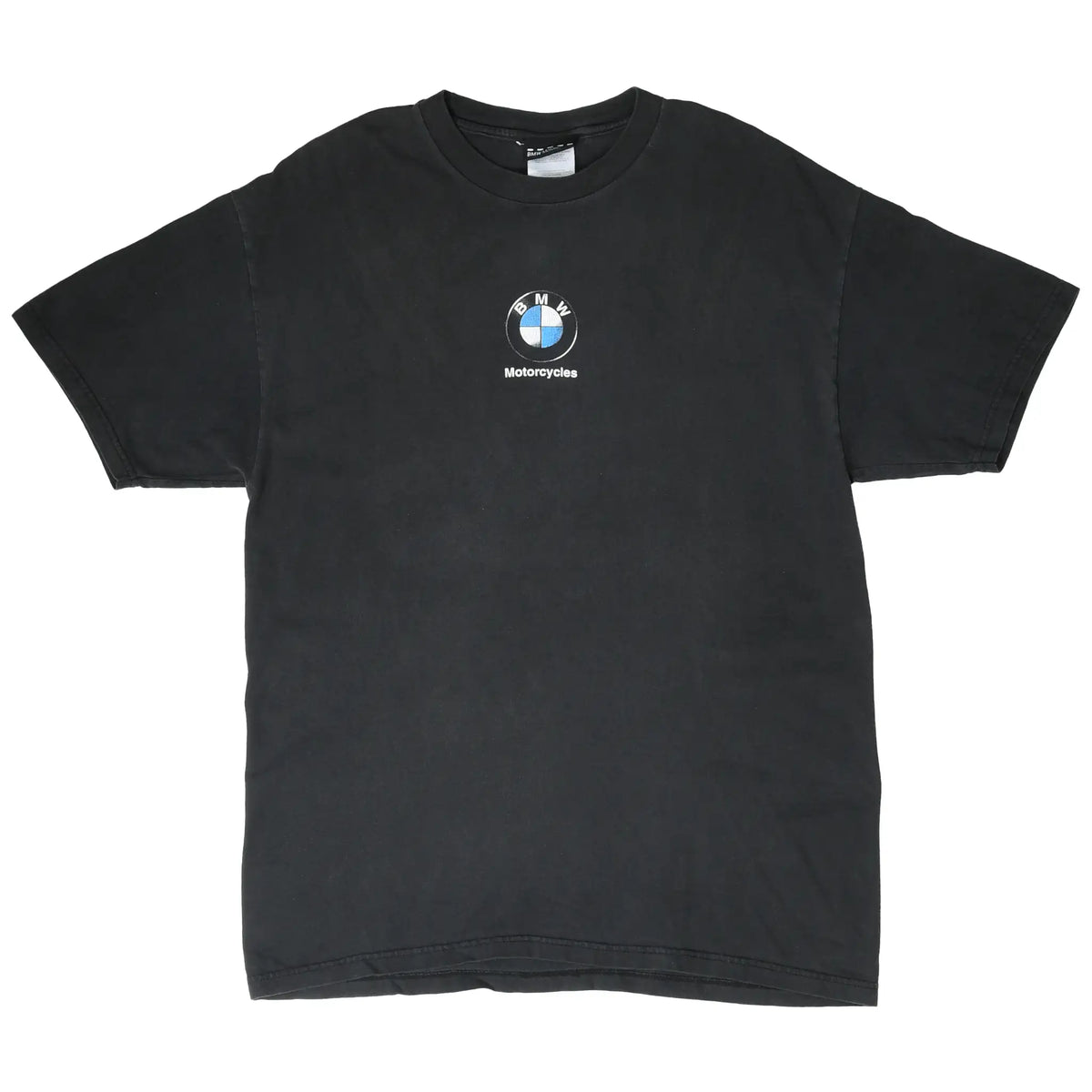 Full front view of black BMW Motorcycles T-shirt with small chest logo