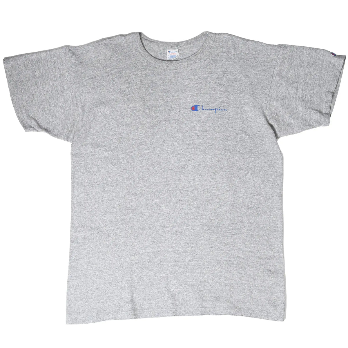 Full front view of a heather gray Champion T-shirt with a small blue and red chest logo