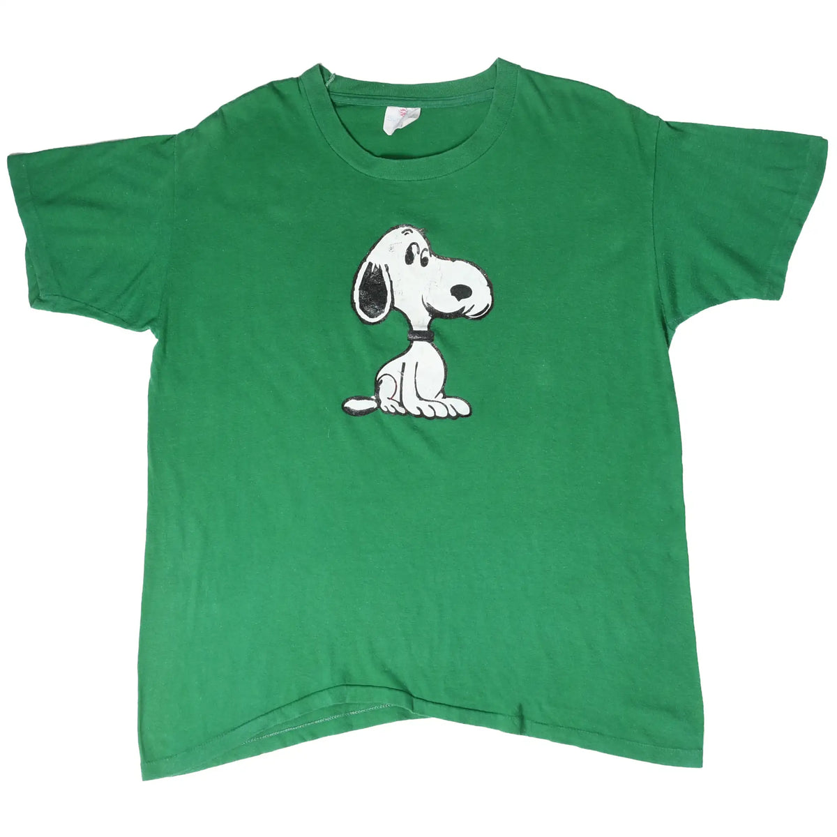 Full front view of green Peanuts T-shirt with seated Snoopy graphic