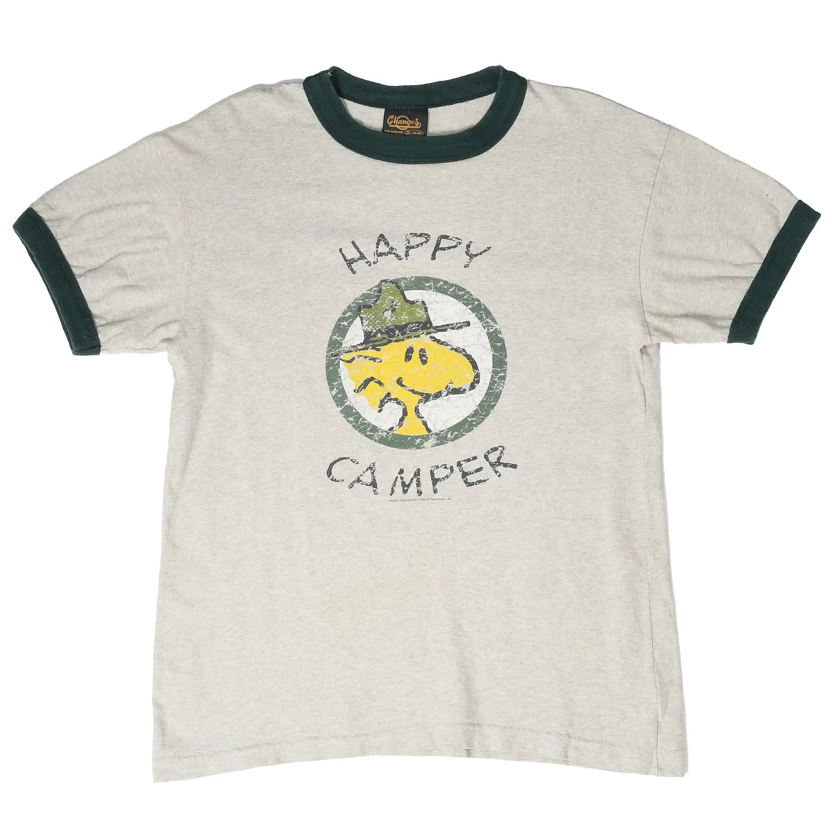 Full front view of gray Peanuts ringer T-shirt with Woodstock Happy Camper print