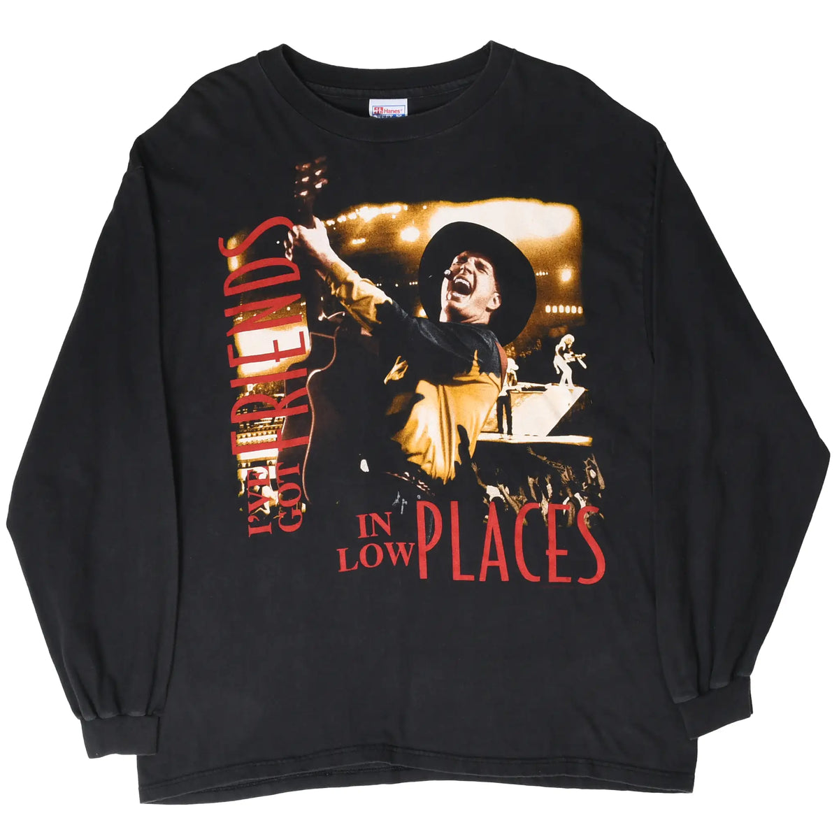 Full front view of black Garth Brooks long-sleeve shirt with concert graphic