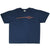Full front view of navy blue Nike T-shirt with orange Swoosh diamond graphic